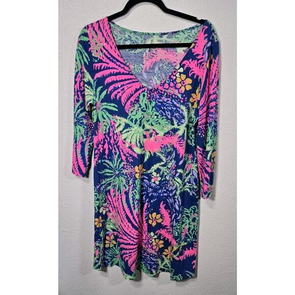 Lilly Pulitzer Erin Dress Indigo All a Glow 3/4 Sleeves Floral V-Neck size M - Picture 1 of 8
